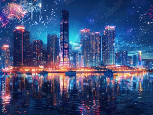 Nighttime skyline Showcase a city skyline at night with illuminated skyscrapers casting reflections on a river or bay Include boats with glowing lights on the water and a fireworks