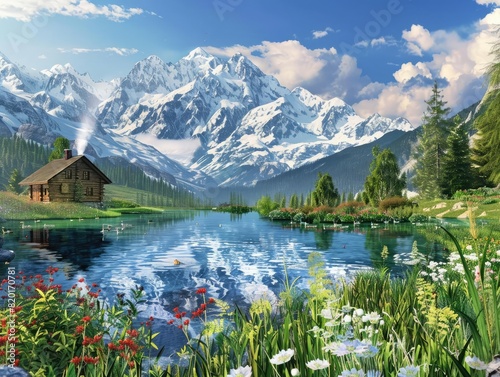 Snowcapped mountains with a lake Present a panoramic view of majestic snowcapped peaks reflecting in a crystalclear alpine lake The scene should include vibrant wildflowers and lus