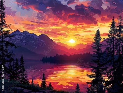 Sunset in a mountain range Show a dramatic sunset where the sky is ablaze with hues of red