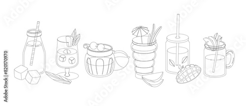 Black And White Mango Cocktails And Tropical Beverages In Line Art Style. Vector Set Of Different Drink Containers