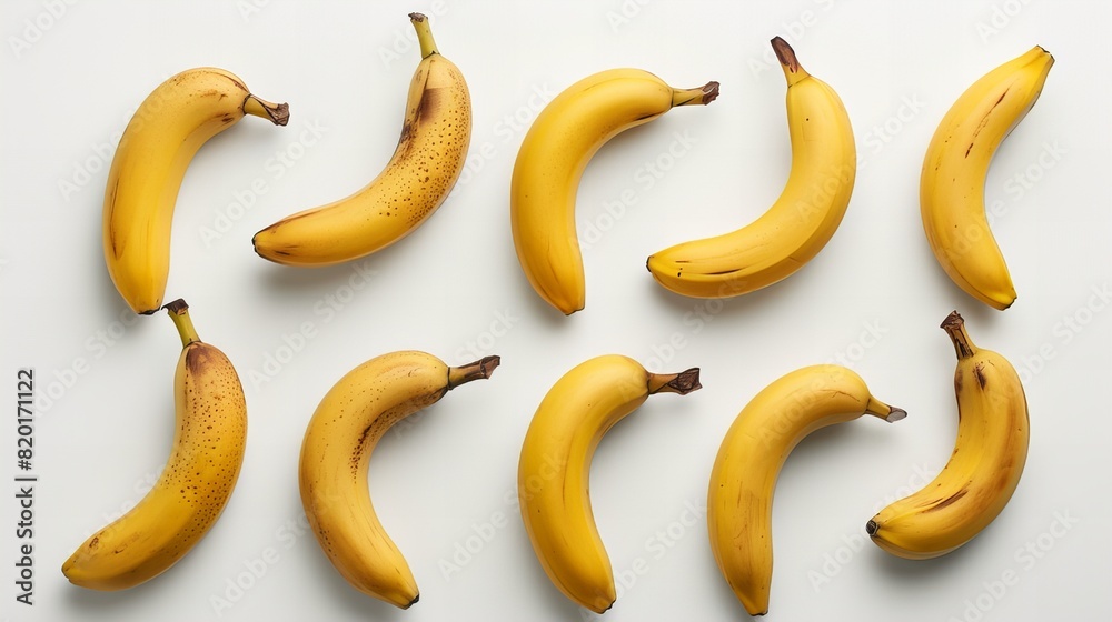 Bright yellow scattered bananas on a white background. Top View Bright yellow scattered bananas on a white background. Top View