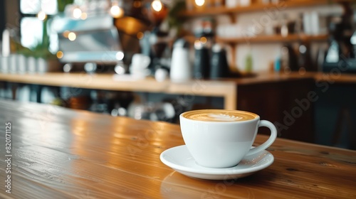 A white ceramic cup containing a latte with latte art rests on a wooden table in a rustic coffee shop setting