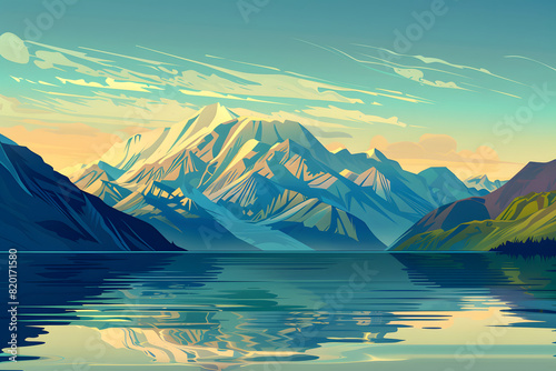 Sunset over the mountains and lake. Beautiful lake in mountains, realistic illustration for travel poster od card.