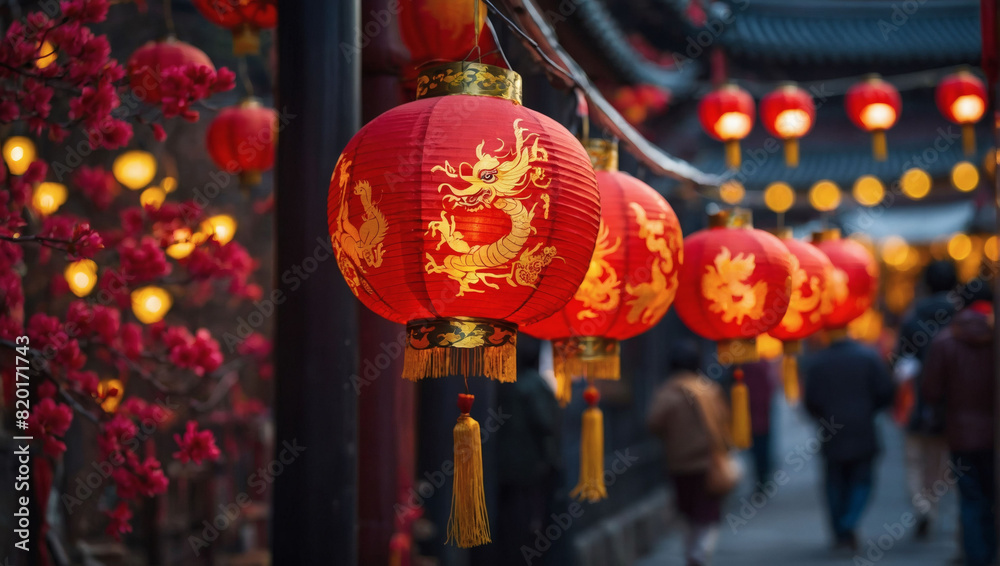 Chinese New Year celebration with lanterns, flowers, and the Year of the Dragon zodiac sign on red.