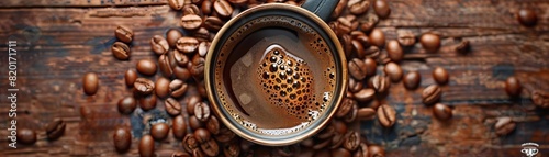 An overhead shot of a manual coffee dripper in action, fresh coffee slowly dripping into a ceramic mug, surrounded by roasted beans, central void area for text. photo