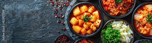 An elegant aerial view of a large platter filled with assorted kimchi, including spicy radish and white cabbage, the background softly fading, ample space for text. photo