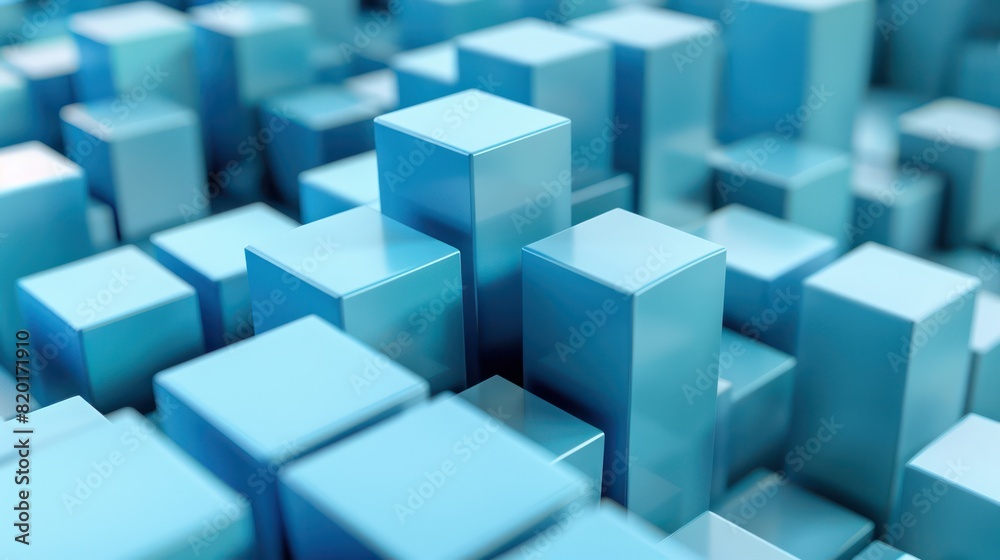This image shows a multitude of 3D-rendered metallic blue cubes with varying heights, creating an abstract pattern of geometric shapes This image shows a multitude of 3D-rendered metallic blue cubes with varying heights, creating an abstract pattern of geometric shapes