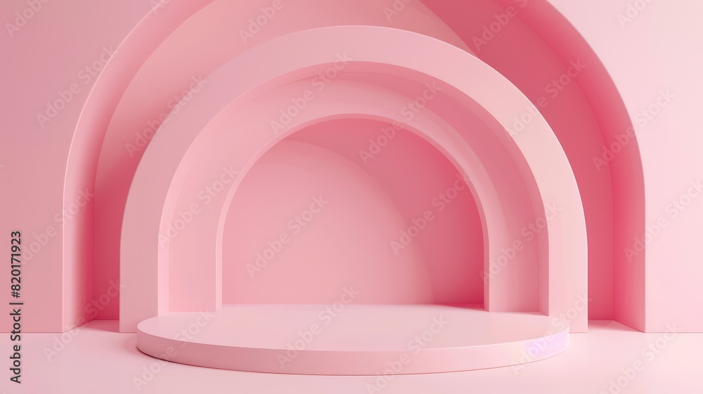 Obraz premium Minimalistic design of a series of pink arches creating a 3D display effect on a seamless pink gradient background