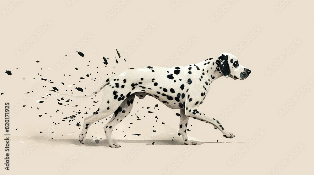 Whimsical and humorous drawing of a dalmatian dog strolling with its spots fluttering like leaves in the breeze, set against a neutral backdrop