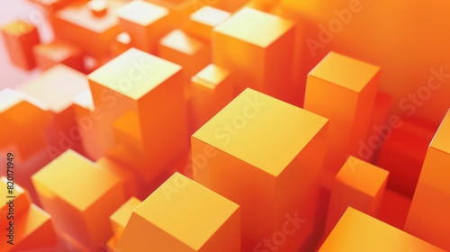 The image shows an array of three-dimensional  orange geometric shapes that create a repetitive pattern against a gradient background