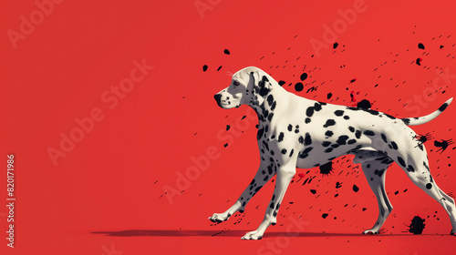 Whimsical and humorous drawing of a dalmatian dog strolling with its spots fluttering like leaves in the breeze  set against a red backdrop