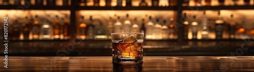 A classic presentation of Japanese whisky in a fine glass, on a dark wooden bar, with a blurred background of bar shelves filled with bottles
