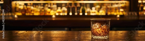 A classic presentation of Japanese whisky in a fine glass, on a dark wooden bar, with a blurred background of bar shelves filled with bottles