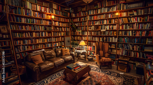 A book lovers man cave with floor-to-ceiling bookshelves a cozy reading nook and warm soft lighting.