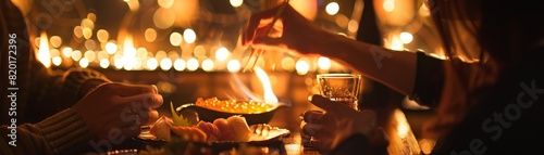 A cozy, candlelit scene of a couple enjoying a hot sake and sharing a plate of sashimi, focusing on the warm interaction and ambient lighting photo
