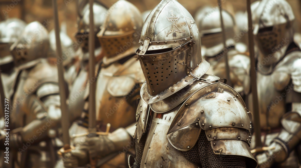 A group of knights are standing in a line, each holding a sword A group of knights are standing in a line, each holding a sword
