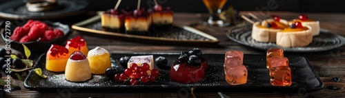 A festive table of Japanese desserts during a celebration, with mochi, castella cake, and fruit jellies artistically arranged photo