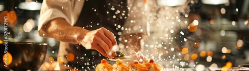A lively scene of a sushi chef at work, shaping nigiri with precise movements, with a blurred sushi bar background emphasizing the chef s hands photo