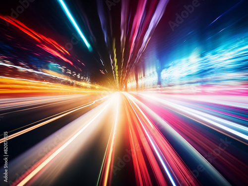 Blurred streaks from cars on a nighttime road in multicolor