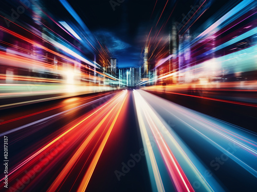 Blurred marks of moving cars on a night road in various colors