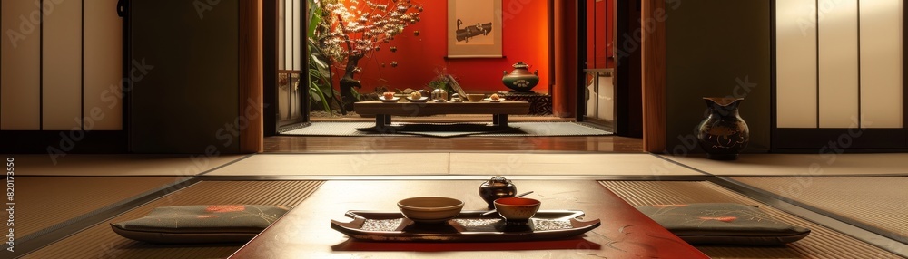A serene setting of a kaiseki meal with multiple small dishes beautifully arranged on a lacquered tray in a traditional tatami mat room A serene setting of a kaiseki meal with multiple small dishes beautifully arranged on a lacquered tray in a traditional tatami mat room
