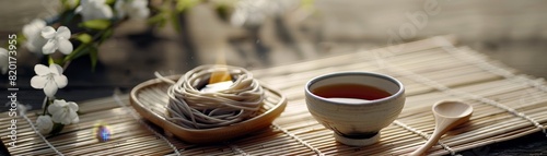 A tranquil setting of a soba noodle dish, arranged on a bamboo mat with dipping sauce and a bamboo ladle, conveying a Zenlike simplicity