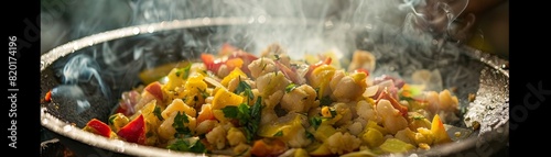 Ackee and saltfish, national dish of Jamaica, vibrant street fair in Kingston
