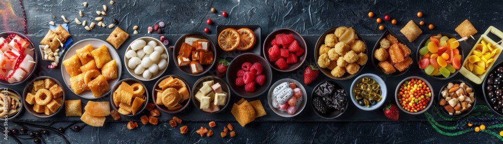 An overhead layout of various Japanese snacks and candies spread out on a dark textured surface, creating a tapestry of flavors and colors An overhead layout of various Japanese snacks and candies spread out on a dark textured surface, creating a tapestry of flavors and colors