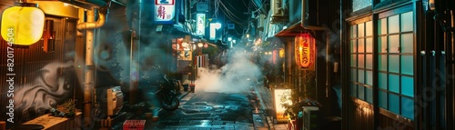 An atmospheric shot of a Japanese alley at night  lined with ramen shops  capturing the steam and neon lights  inviting a culinary adventure