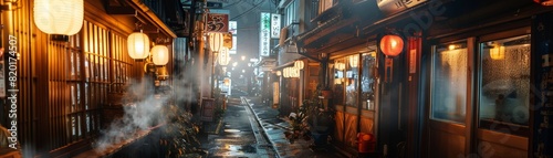 An atmospheric shot of a Japanese alley at night, lined with ramen shops, capturing the steam and neon lights, inviting a culinary adventure photo