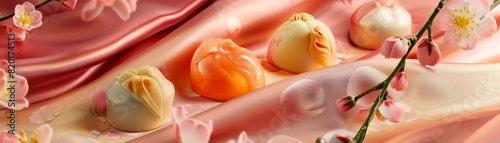 An elegant display of Japanese confectionery wagashi, featuring seasonal motifs, set against a backdrop of silk fabric with subtle floral patterns photo