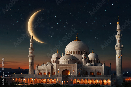 Crescent Moon With Beautiful Mosque On Evening Background