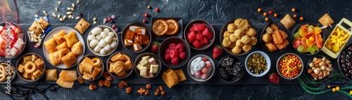 An overhead layout of various Japanese snacks and candies spread out on a dark textured surface, creating a tapestry of flavors and colors © peeradol