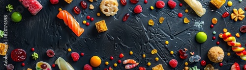 An overhead layout of various Japanese snacks and candies spread out on a dark textured surface, creating a tapestry of flavors and colors photo