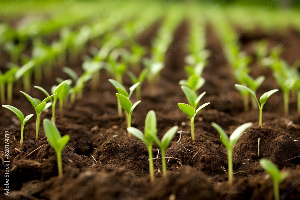 Tender green sprouts grow in rows in soil under spring sun. Tender green sprouts grow in rows in soil under spring sun.