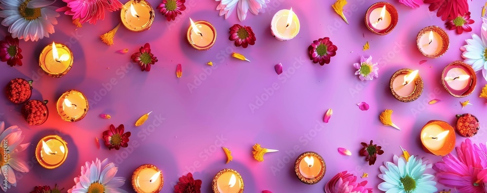 Happy Diwali - Vibrant Clay Diya Lamps Illuminated for the Festival of Lights Celebration. Colorful Traditional Oil Lamp Diyas on a Purple and pink Background