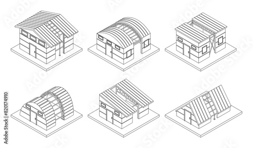 Black And White Architectural Structures On Metal Frames. Residential House, Barn, Warehouse And Industrial Buildings