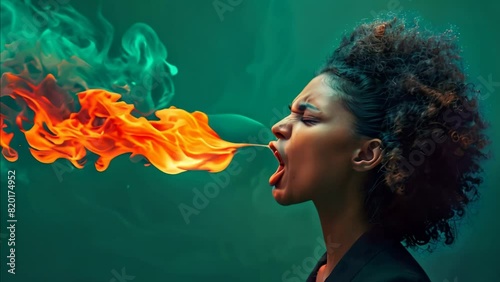 portrait of young beautiful woman spitting fire photo