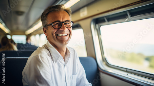 Smiling train engineer in cabin of high-speed rural journey