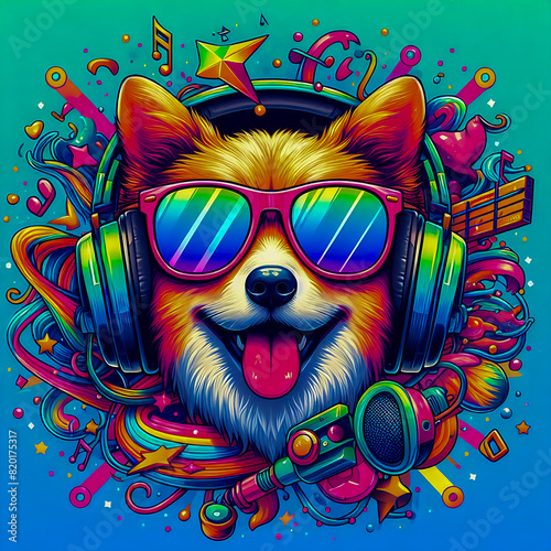 Vibrant colorful illustration of a dog wearing headphones listening to music