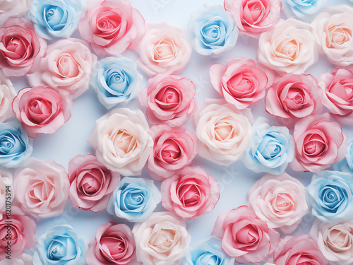 Tranquil charm  top view of roses on blue and pink pastel background