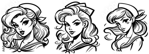 sailorwoman pin-up girl illustration, adorable beautiful pinup sailor woman model, comic book cartoon character, black shape silhouette vector decoration printing, laser cutting engraving project
