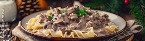 Beef stroganoff, creamy sauce with mushrooms and served over noodles, cozy Russian dacha setting photo