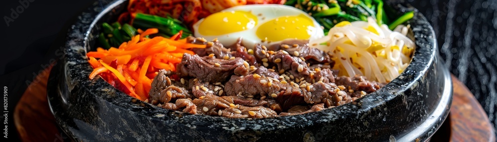 Bibimbap, mixed rice with vegetables and beef, served in a hot stone bowl, Korean homestyle meal Bibimbap, mixed rice with vegetables and beef, served in a hot stone bowl, Korean homestyle meal