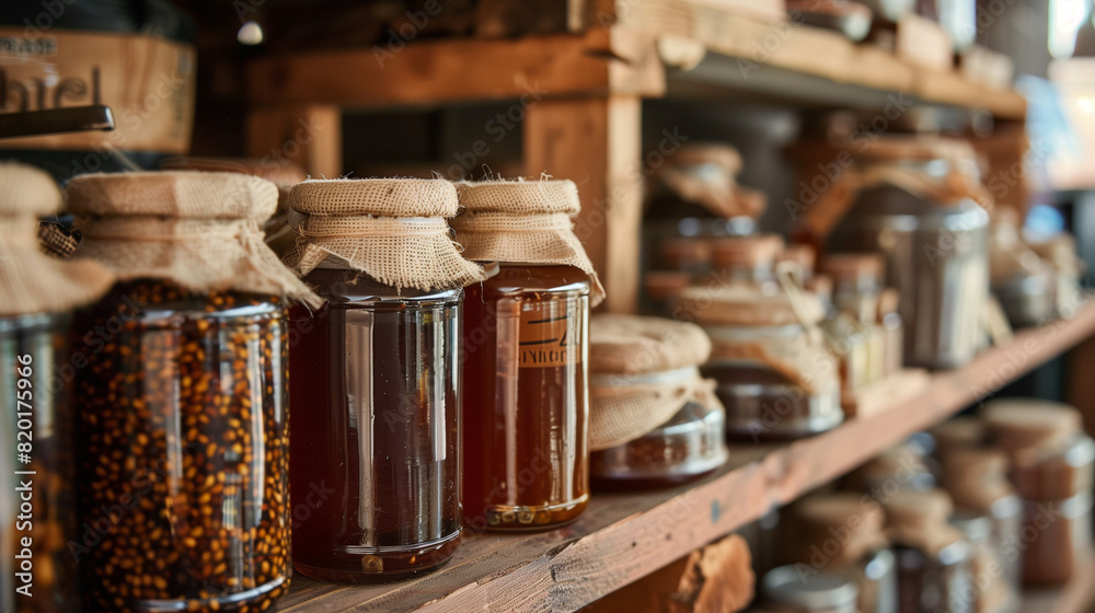 honey, cocoa and chocolate bonbons in glass jars in an ecofriendly store honey, cocoa and chocolate bonbons in glass jars in an ecofriendly store
