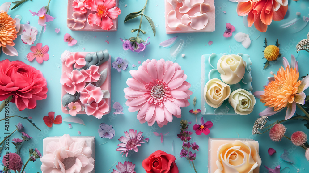 Fototapeta premium natural hand-made soaps with different fragrances, with the scent of flowers, herbs and spices