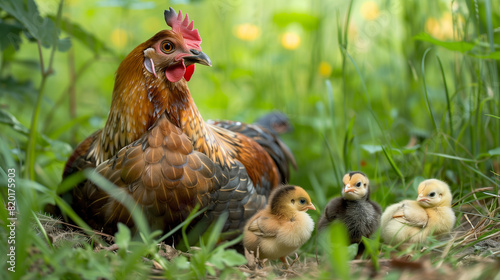 free-range chickens momma chicken hen hen with her little chicks photo