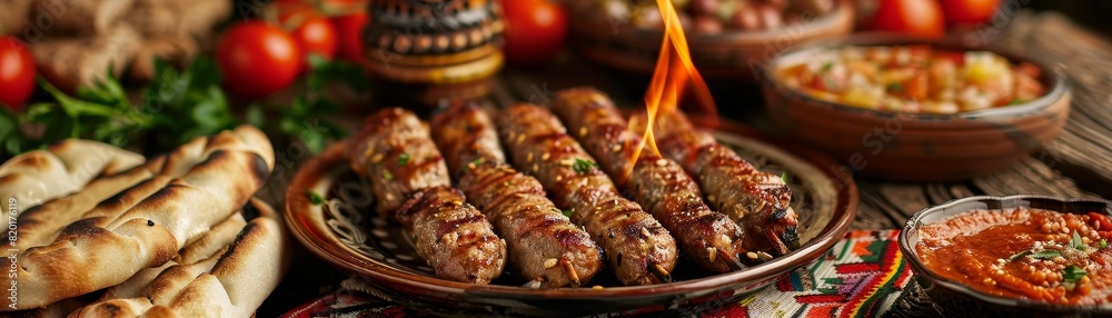 Bosnian cevapi with ajvar, grilled meat rolls, served with homemade flatbread, traditional stone courtyard, festive table with colorful textiles