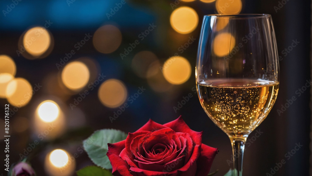 Creating a romantic atmosphere with a glass of wine and a rose. Creating a romantic atmosphere with a glass of wine and a rose.