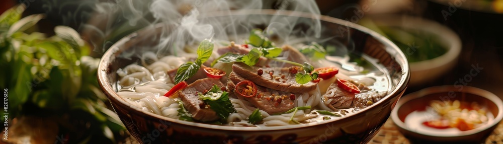 Bowl of pho with beef slices, rice noodles, and aromatic herbs, steaming hot, authentic Vietnamese street food stall Bowl of pho with beef slices, rice noodles, and aromatic herbs, steaming hot, authentic Vietnamese street food stall